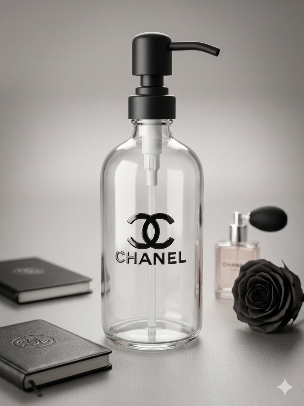 ChaneI Clear Glass Hand Liquid Dispenser with Black Pump and Black Logo